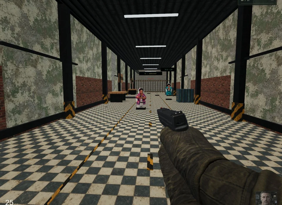 Actual gameplay: pistol held in the tiled workshop shooting lane