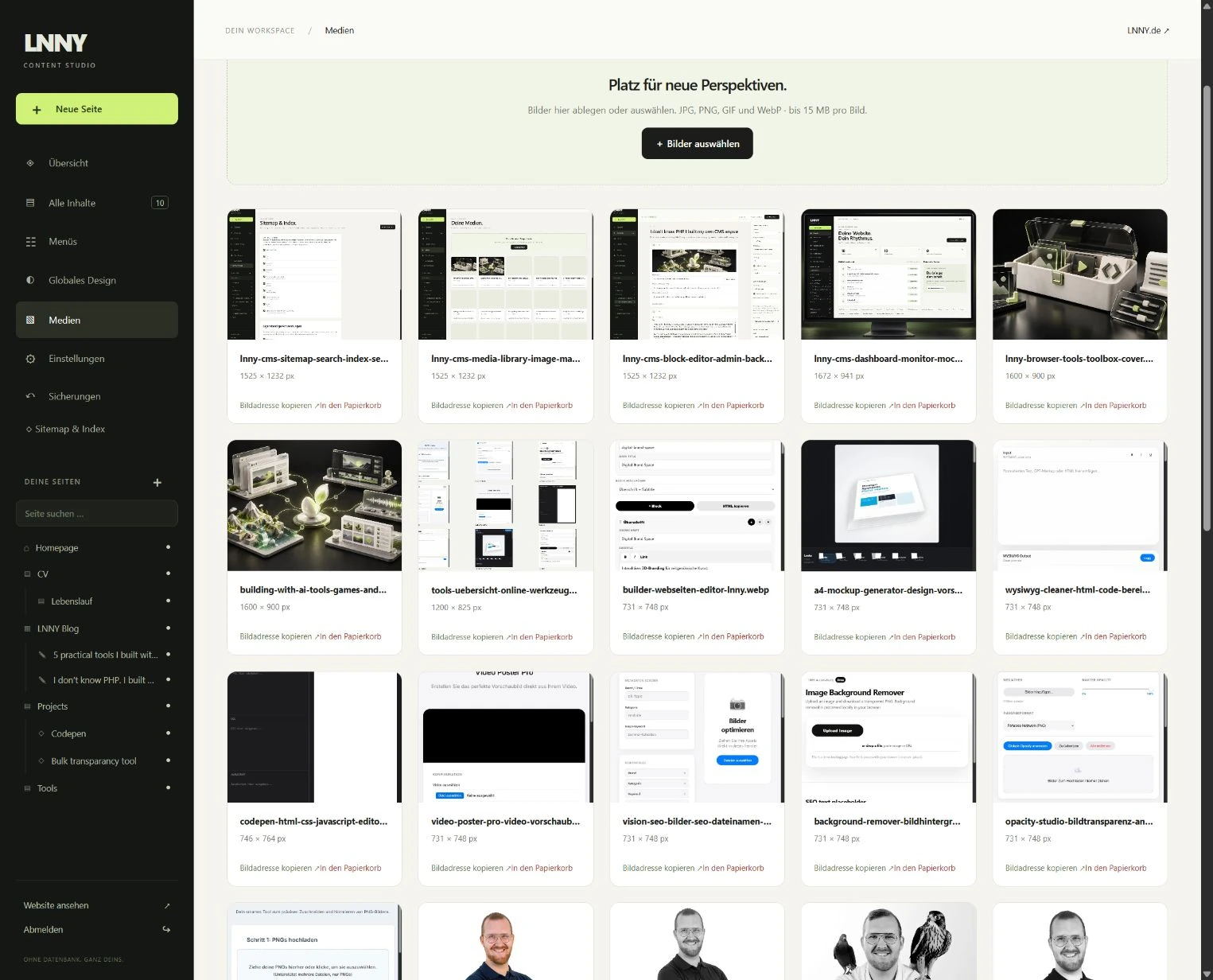 The LNNY CMS media library with uploaded images and thumbnails.