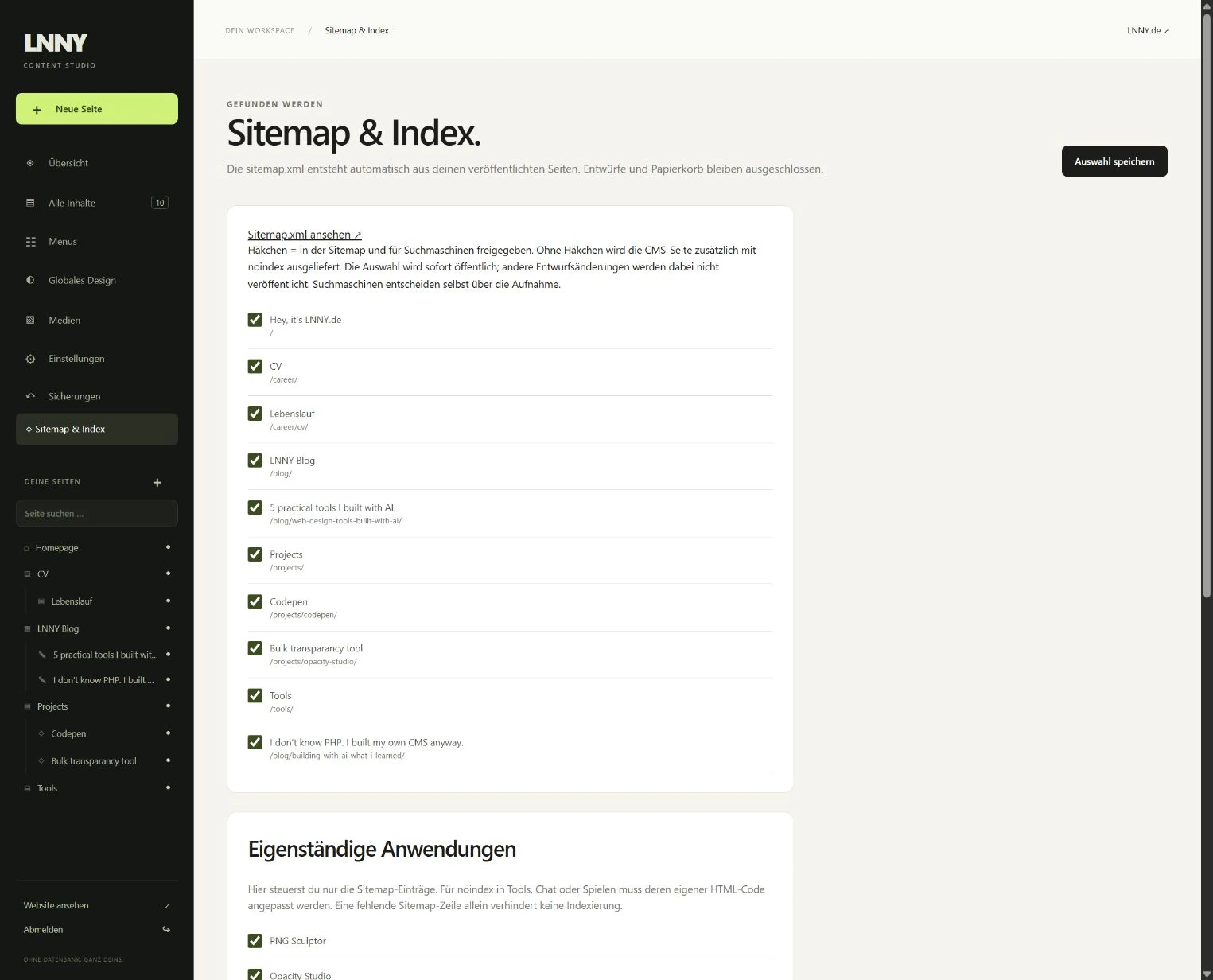 Sitemap and search index settings for published pages in the LNNY CMS.