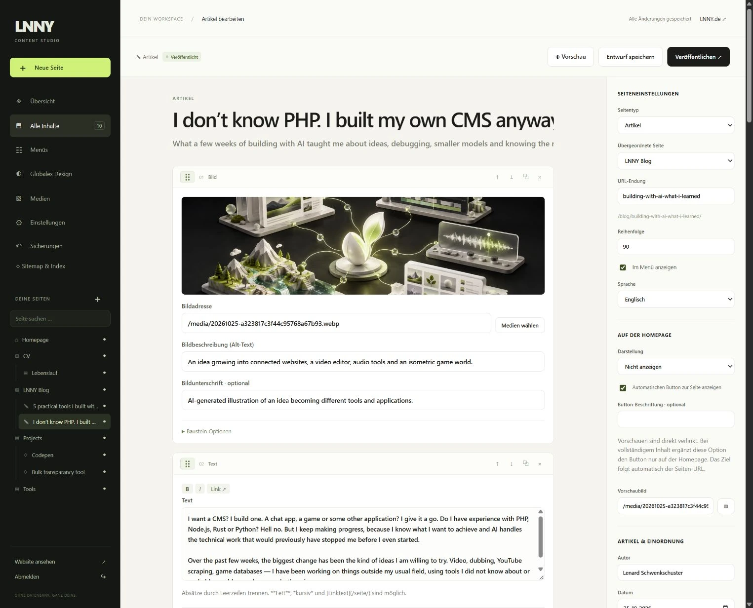 The block editor in my LNNY CMS, showing this article and its page settings.